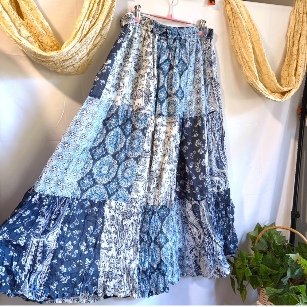 Boho Cottage Prairie Blue White Patchwork Paisley Cotton Tiered Maxi Skirt XL